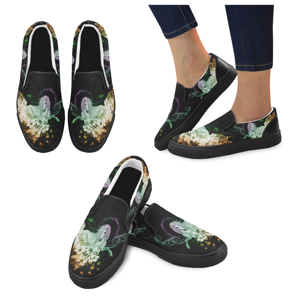 Beautiful unicorn with flowers, colorful Women's Slip-on Canvas Shoes (Model 019)