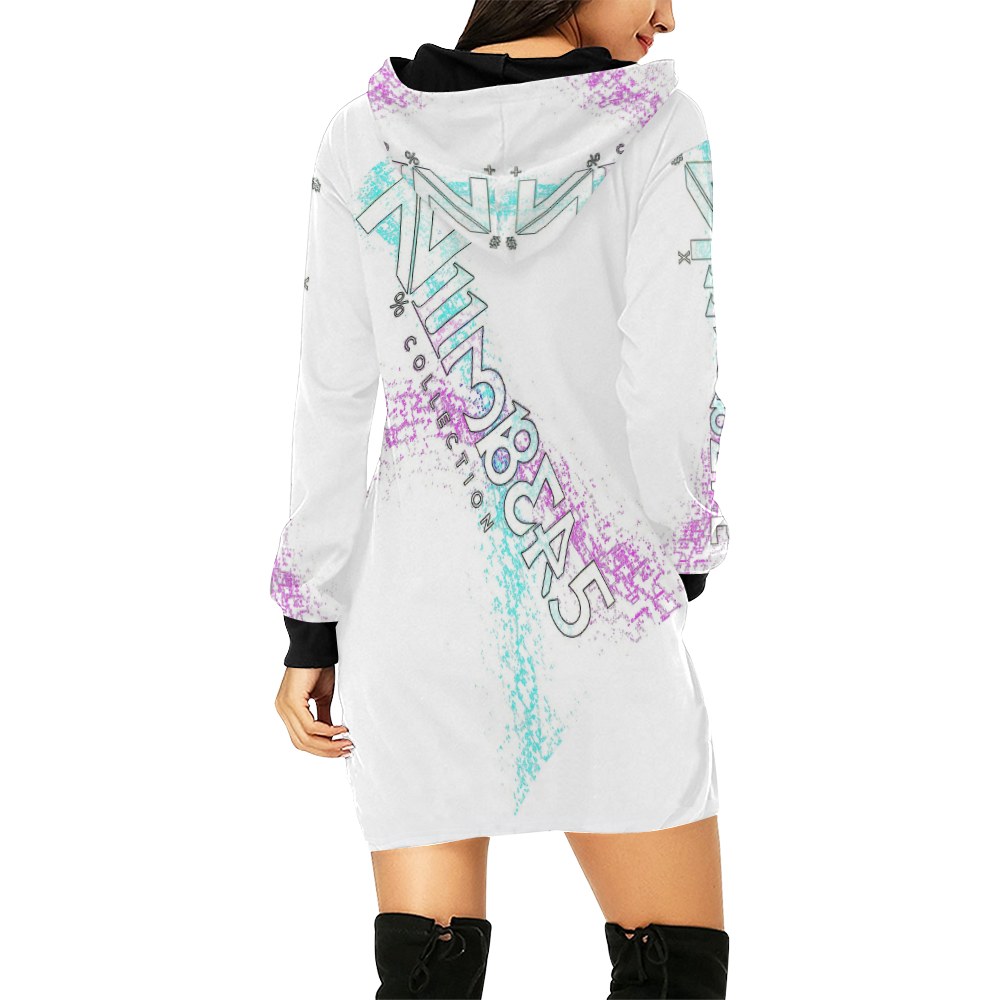 NUMBERS Collection White/Splash Teal/Pink All Over Print Hoodie Mini Dress (Model H27)