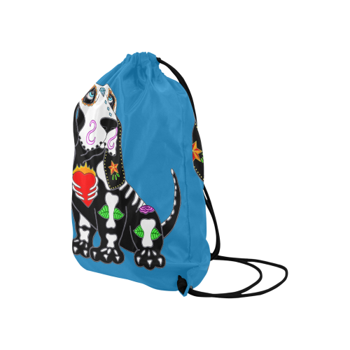 Basset Hound Sugar Skull Turquoise Medium Drawstring Bag Model 1604 (Twin Sides) 13.8"(W) * 18.1"(H)