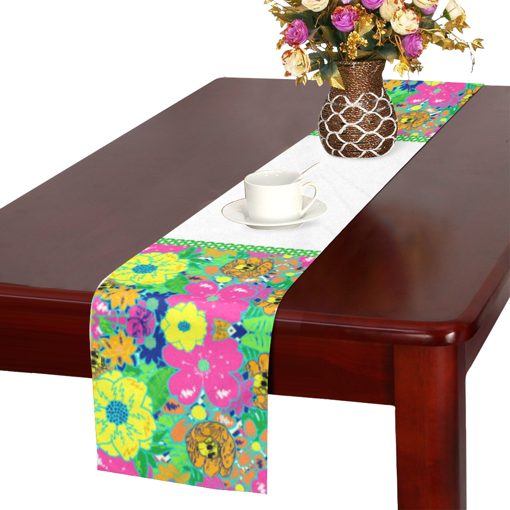 Summer Fun Skulls Colorful Floral Table Runner 14x72 inch