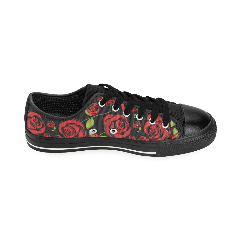 Red Roses on Black Canvas Women's Shoes/Large Size (Model 018)