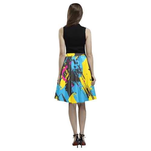Colorful paint stokes on a black background Melete Pleated Midi Skirt (Model D15)