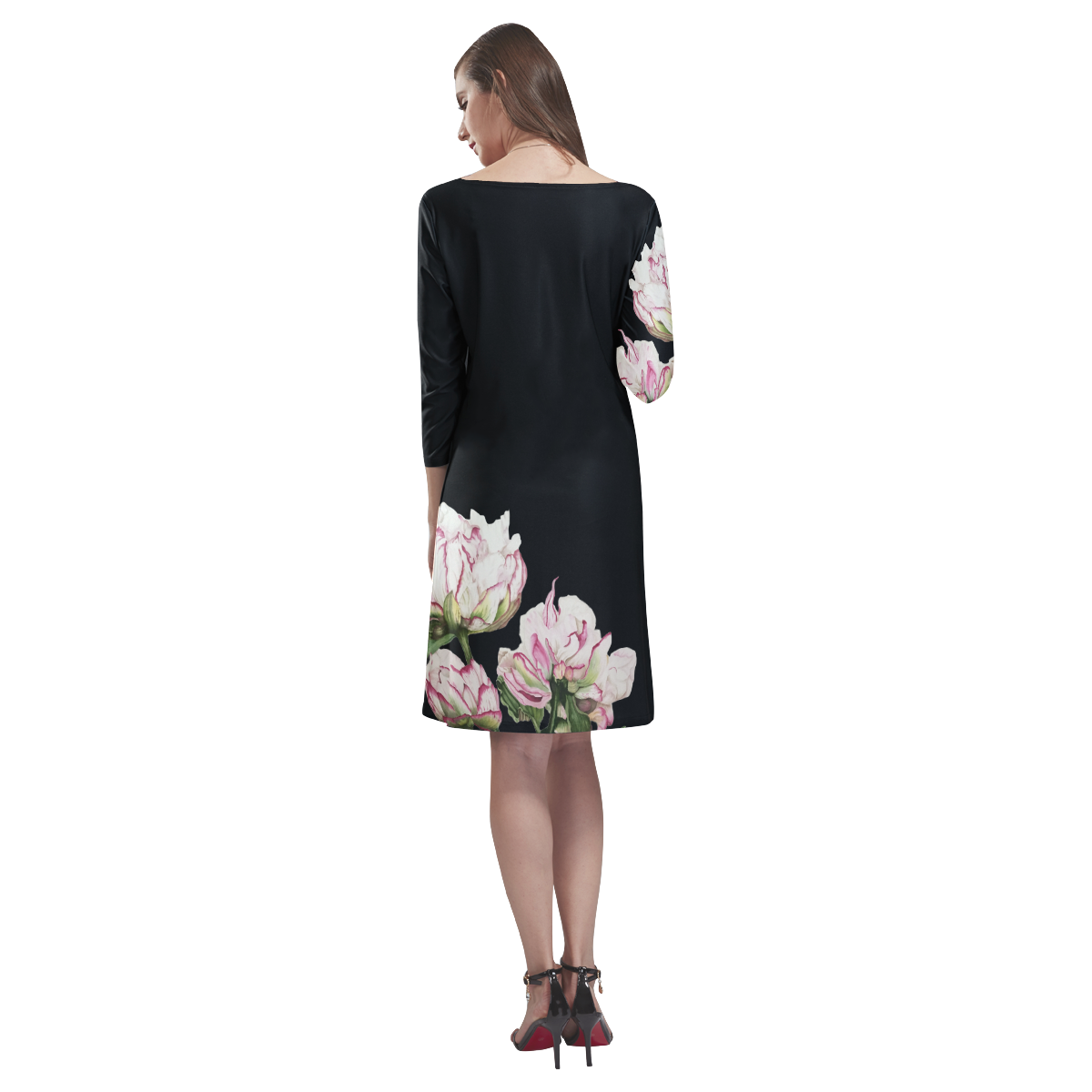 VUR peony on black Rhea Loose Round Neck Dress(Model D22)