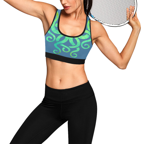 Artsy iridescent green Octopus on Air Force blue Women's All Over Print Sports Bra (Model T52)