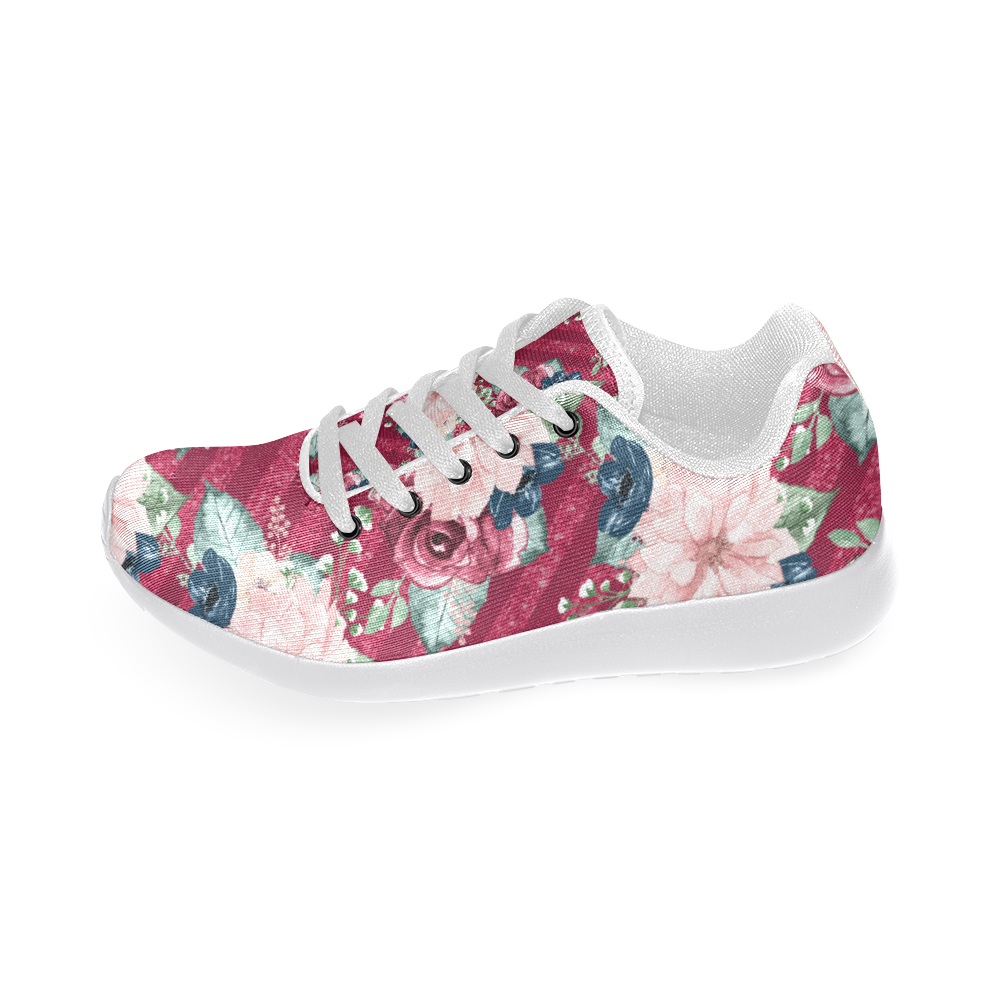 Floral Burgundy Shoes, Romance Watercolor Flowers Women’s Running Shoes (Model 020)