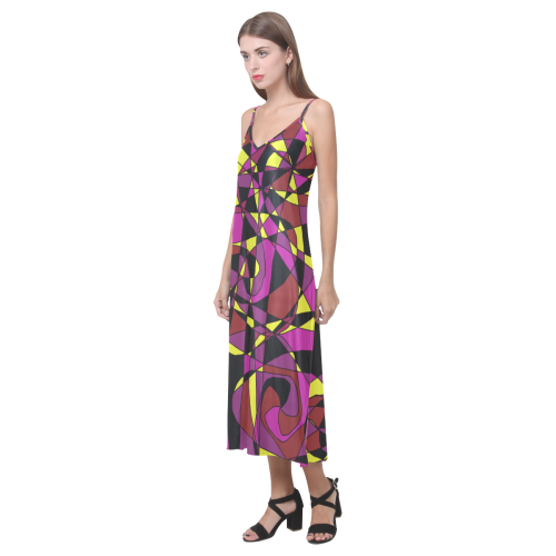 Multicolor Abstract Design S2020 V-Neck Open Fork Long Dress(Model D18)