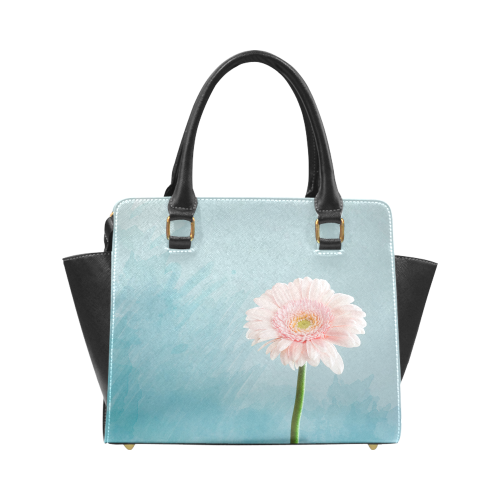 Gerbera Daisy - Pink Flower on Watercolor Blue Rivet Shoulder Handbag (Model 1645)
