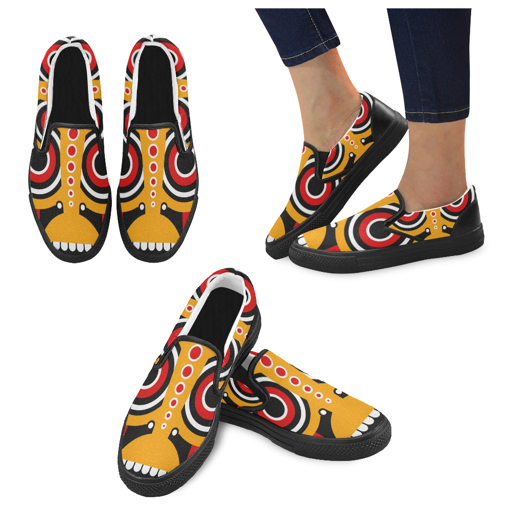 Red Yellow Tiki Tribal Slip-on Canvas Shoes for Men/Large Size (Model 019)