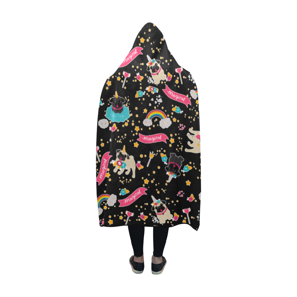 Pug Unicorns on Black Hooded Blanket 60''x50''