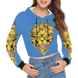 Gold Metallic Lion Blue All Over Print Crop Hoodie for Women (Model H22)