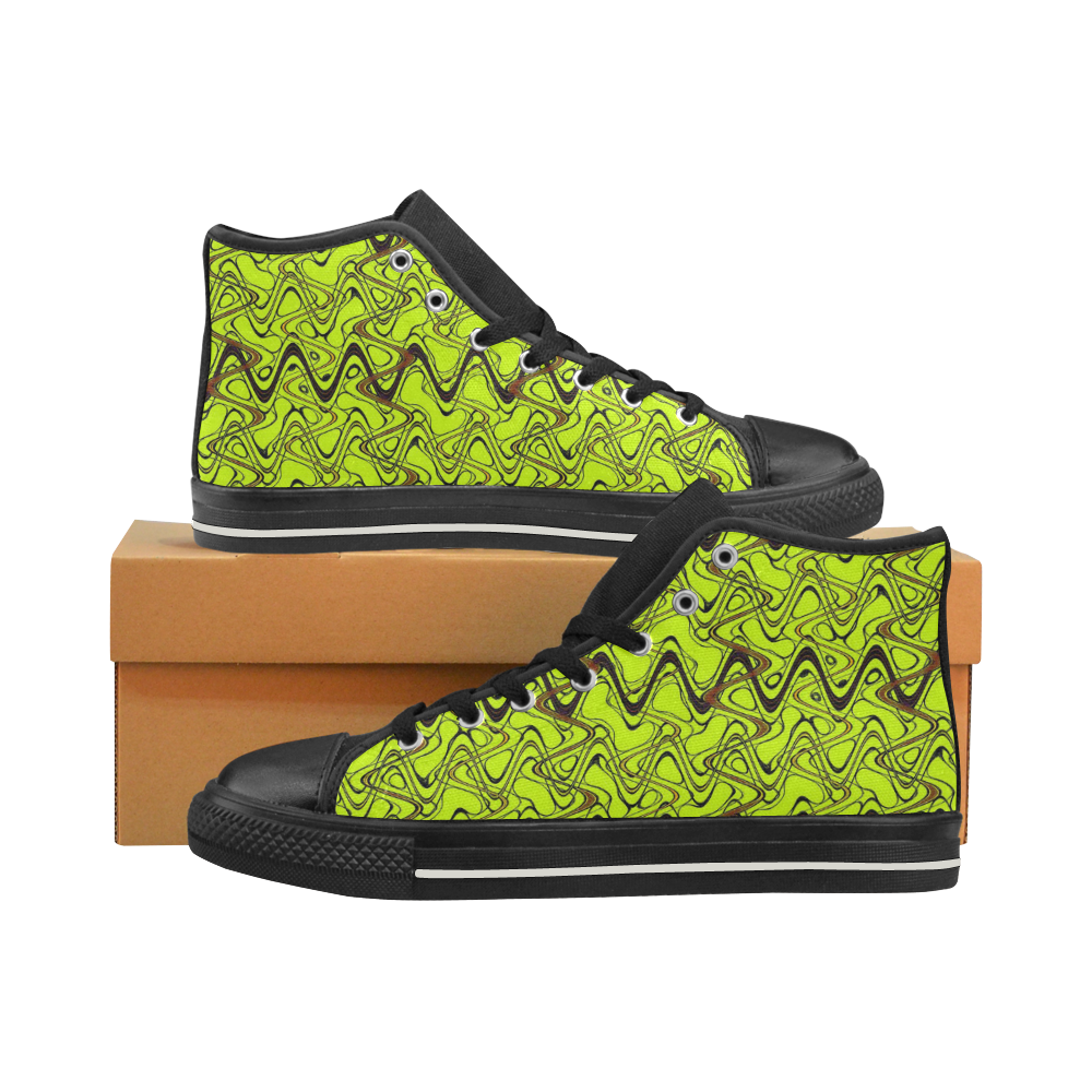 Yellow and Black Waves pattern design High Top Canvas Shoes for Kid (Model 017)