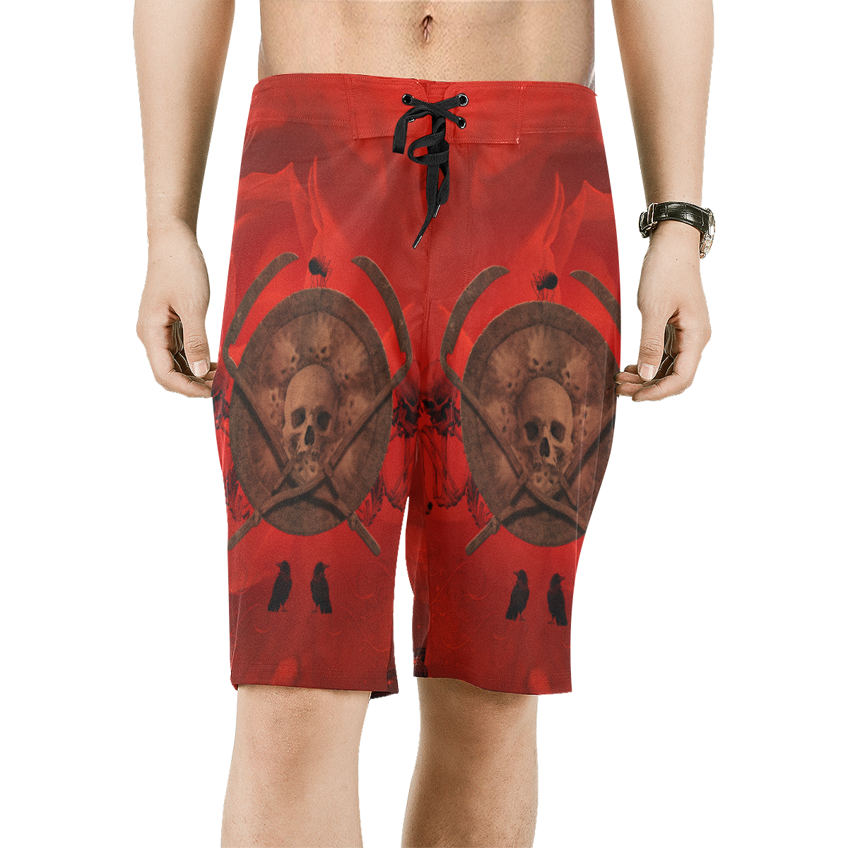 Skulls on red vintage background Men's All Over Print Board Shorts (Model L16)