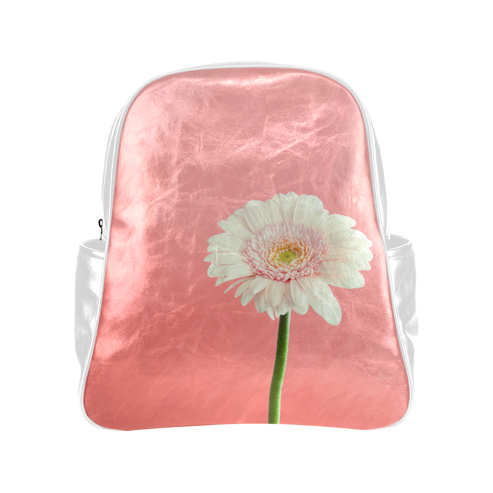 Gerbera Daisy - White Flower on Coral Pink Multi-Pockets Backpack (Model 1636)