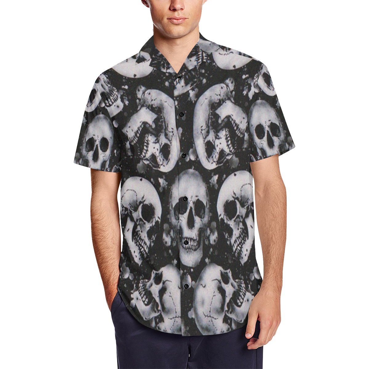 Gothic Skulls Underground Satin Dress Shirt Men's Short Sleeve Shirt with Lapel Collar (Model T54)