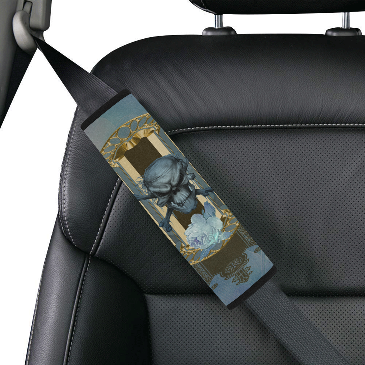 The blue skull with crow Car Seat Belt Cover 7''x10''
