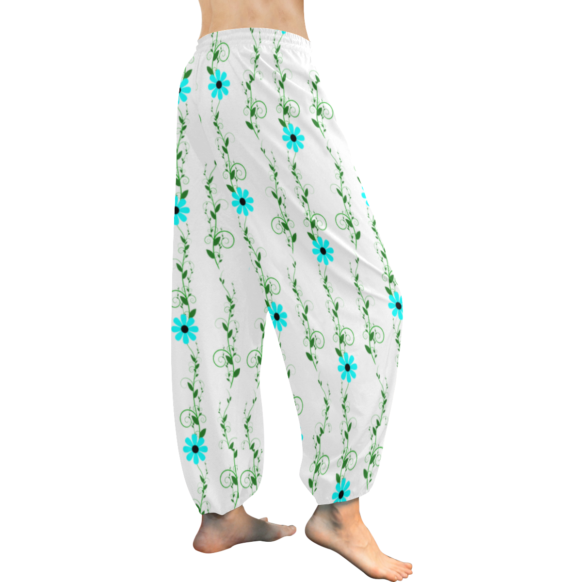 Flourish Vines Aqua Flowers Floral Bohemian Pants Women's All Over Print Harem Pants (Model L18)