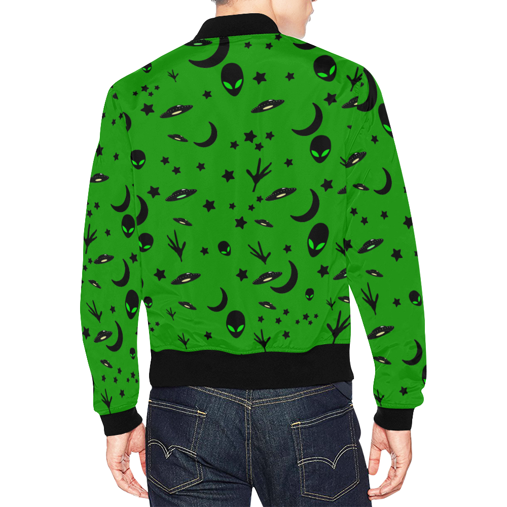 Alien Flying Saucers Stars Pattern on Green All Over Print Bomber Jacket for Men (Model H19)