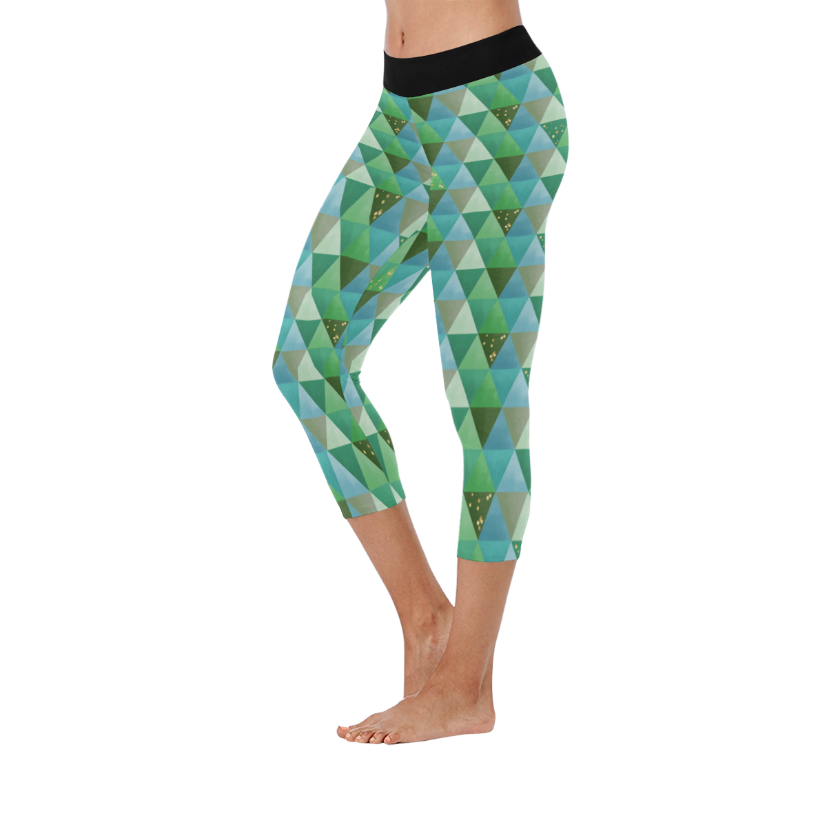 Triangle Pattern - Green Teal Khaki Moss Women's Low Rise Capri Leggings (Invisible Stitch) (Model L08)