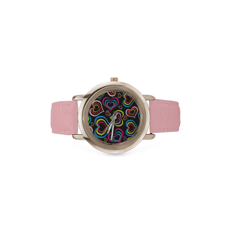 Multicolor Hearts Women's Rose Gold Leather Strap Watch(Model 201)