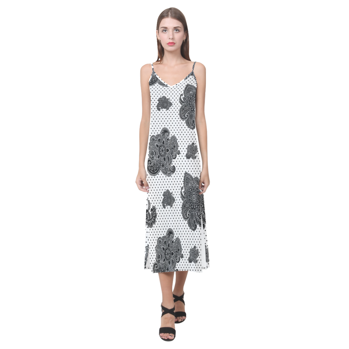 Paisley Hearts V-Neck Open Fork Long Dress(Model D18)