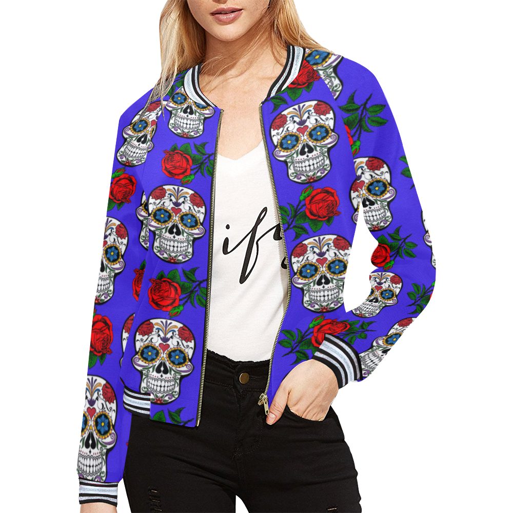 skull pattern blue All Over Print Bomber Jacket for Women (Model H21)