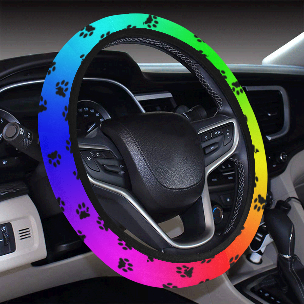 rainbow with black paws Steering Wheel Cover with Elastic Edge