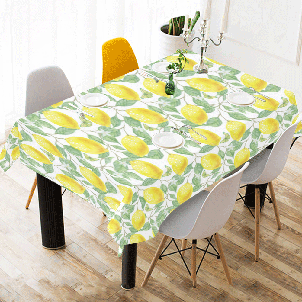 Lemons And Butterfly Cotton Linen Tablecloth 60" x 90"