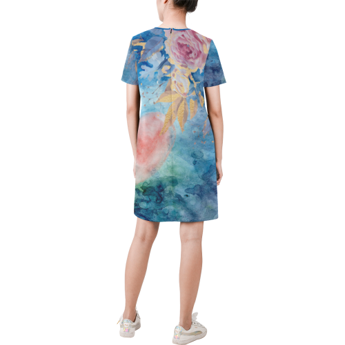 Heart and Flowers - Pink and Blue Short-Sleeve Round Neck A-Line Dress (Model D47)