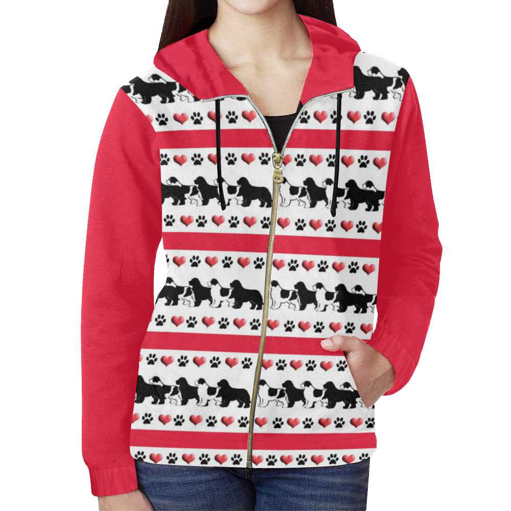 newf hearts and pawprints hoodie All Over Print Full Zip Hoodie for Women (Model H14)