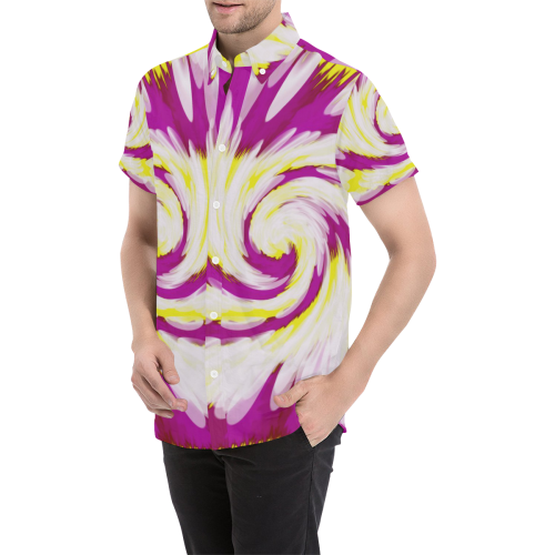 Pink Yellow Tie Dye Swirl Abstract Men's All Over Print Short Sleeve Shirt (Model T53)