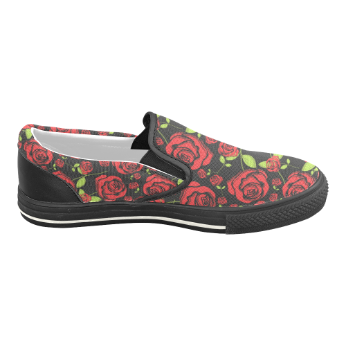 Red Roses on Black Men's Slip-on Canvas Shoes (Model 019)