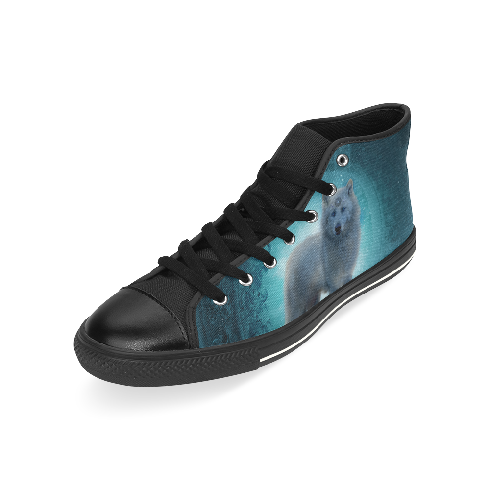 Wonderful white wolf in the night High Top Canvas Shoes for Kid (Model 017)