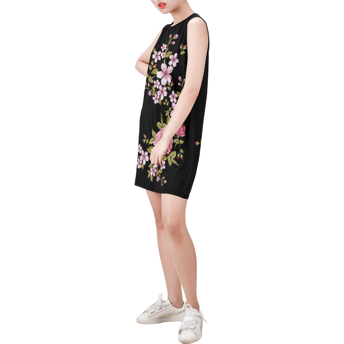 Pure Nature - Summer Of Pink Roses 1 Sleeveless Round Neck Shift Dress (Model D51)