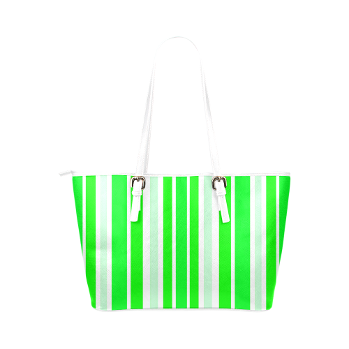 Neon Green Stripes Leather Tote Bag/Small (Model 1651)