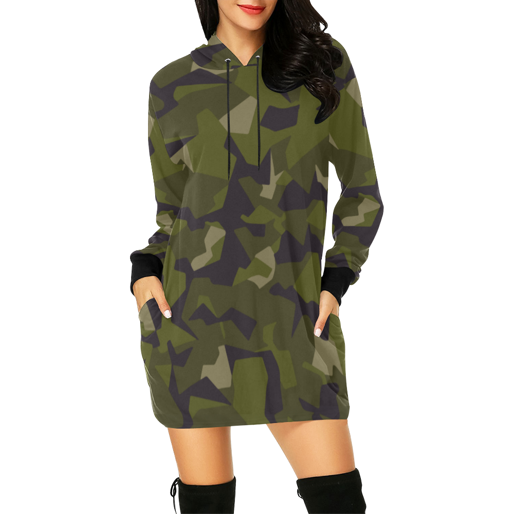 Swedish M90 woodland camouflage All Over Print Hoodie Mini Dress (Model H27)