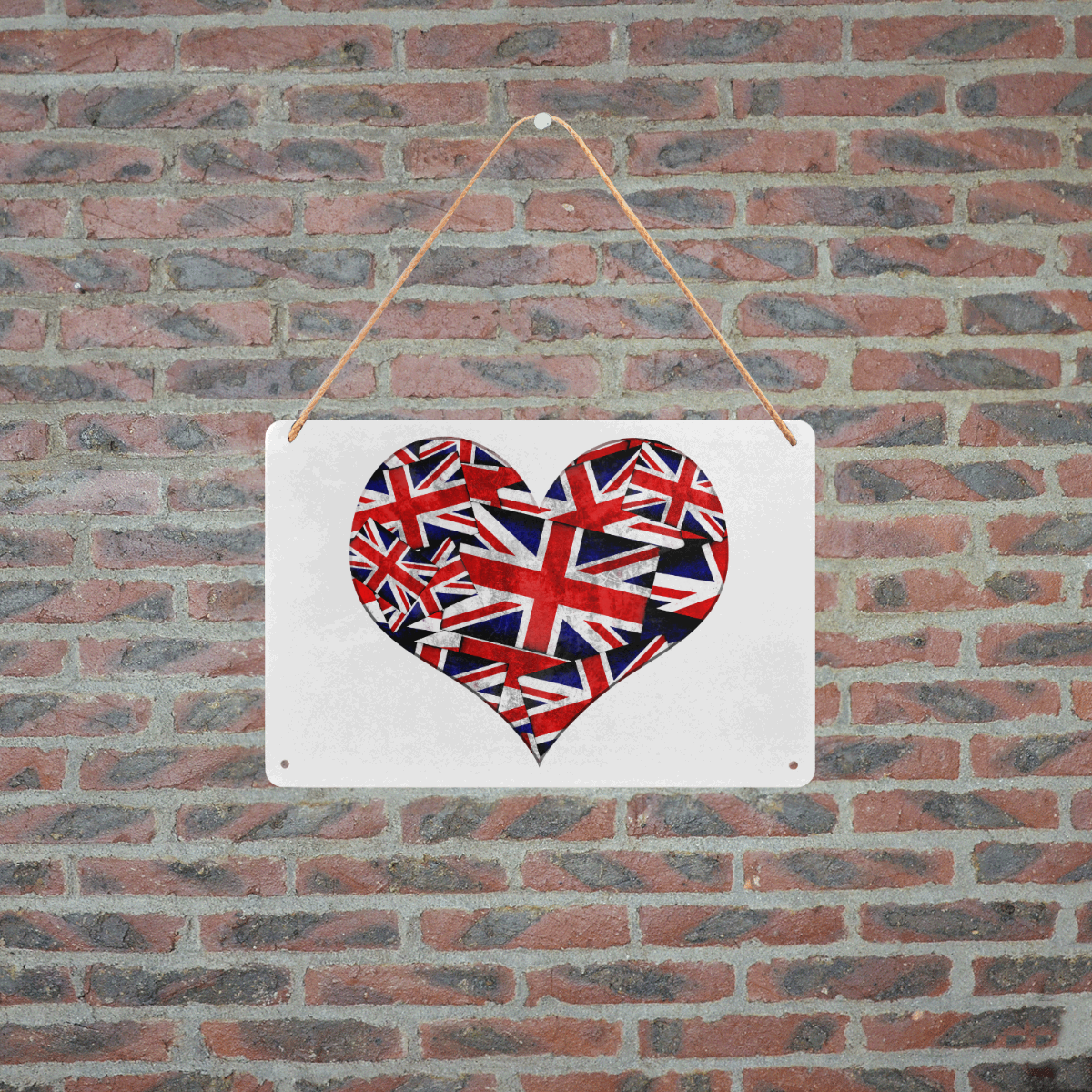 Union Jack British UK Flag Heart White Metal Tin Sign 12"x8"