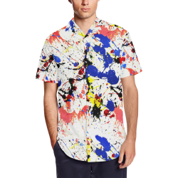 Blue and Red Paint Splatter Men's Short Sleeve Shirt with Lapel Collar (Model T54)
