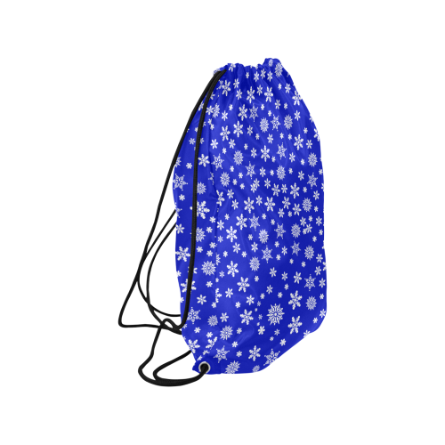 Christmas White Snowflakes on Blue Medium Drawstring Bag Model 1604 (Twin Sides) 13.8"(W) * 18.1"(H)