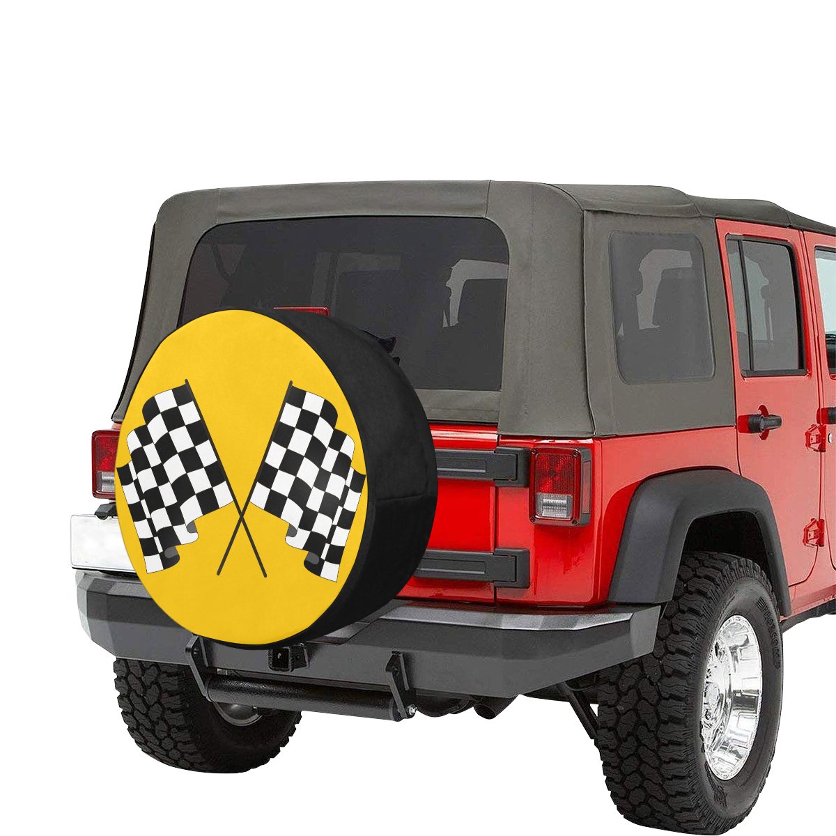 Checkered Race Flags on Black and Yellow 34 Inch Spare Tire Cover