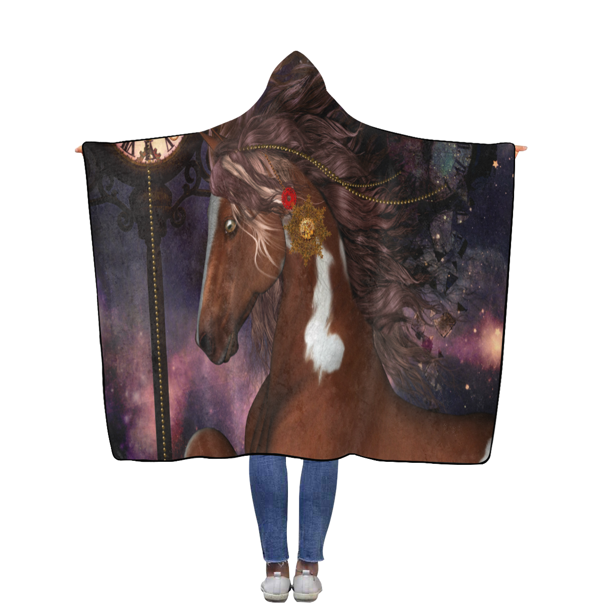 Awesome steampunk horse with clocks gears Flannel Hooded Blanket 56''x80''
