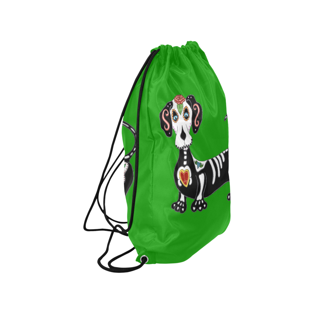 Dachshund Sugar Skull Green Medium Drawstring Bag Model 1604 (Twin Sides) 13.8"(W) * 18.1"(H)
