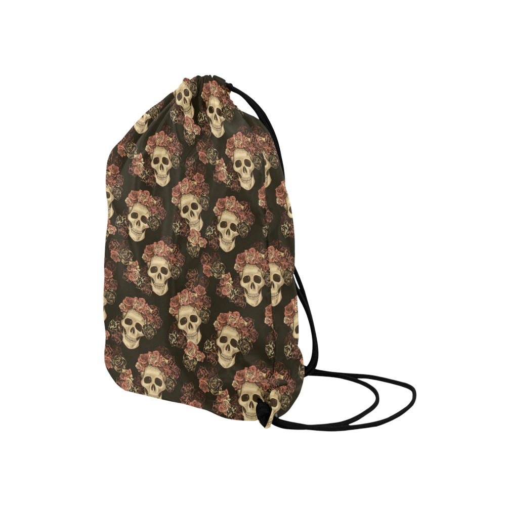 Skull and Rose Pattern Medium Drawstring Bag Model 1604 (Twin Sides) 13.8"(W) * 18.1"(H)
