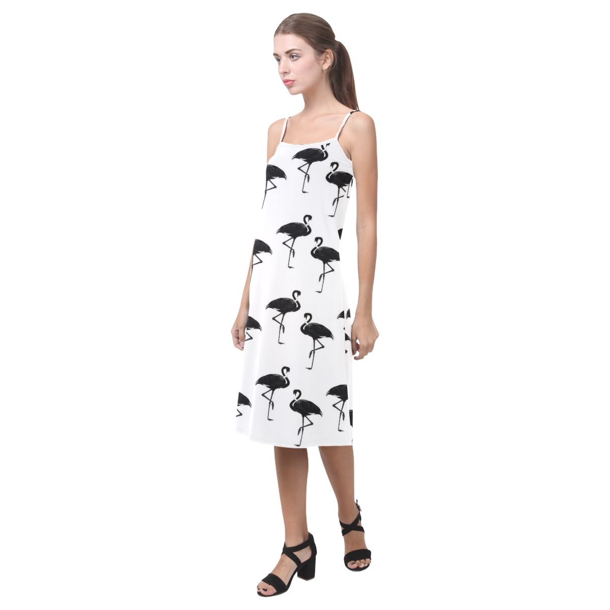 Flamingos Pattern Black and White Alcestis Slip Dress (Model D05)