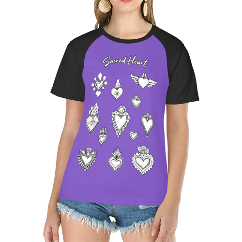 SACRED HEART - EX VOTO - Black and White Women's Raglan T-Shirt/Front Printing (Model T62)