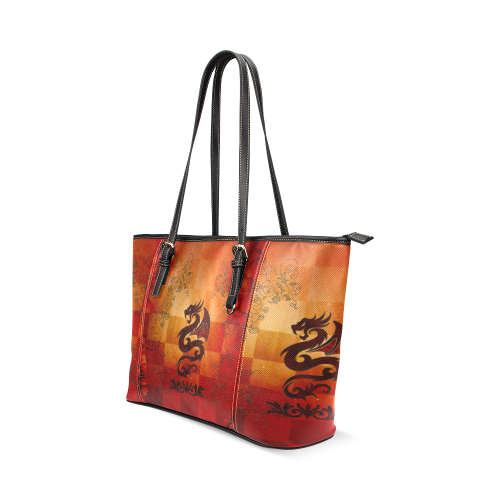 Tribal dragon  on vintage background Leather Tote Bag/Small (Model 1640)