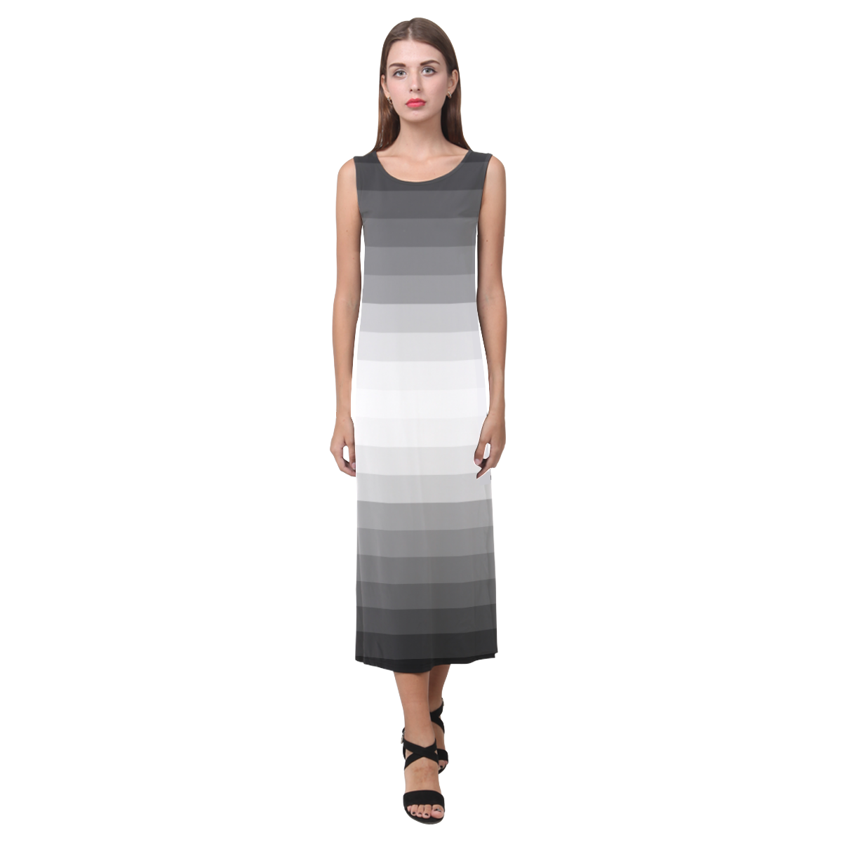 Gray, black, white multicolored stripes Phaedra Sleeveless Open Fork Long Dress (Model D08)