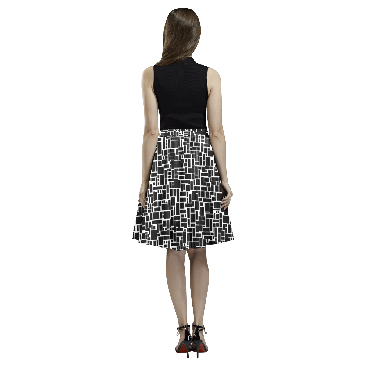 BLACK AND WHITE BOX PATTERN Melete Pleated Midi Skirt (Model D15)