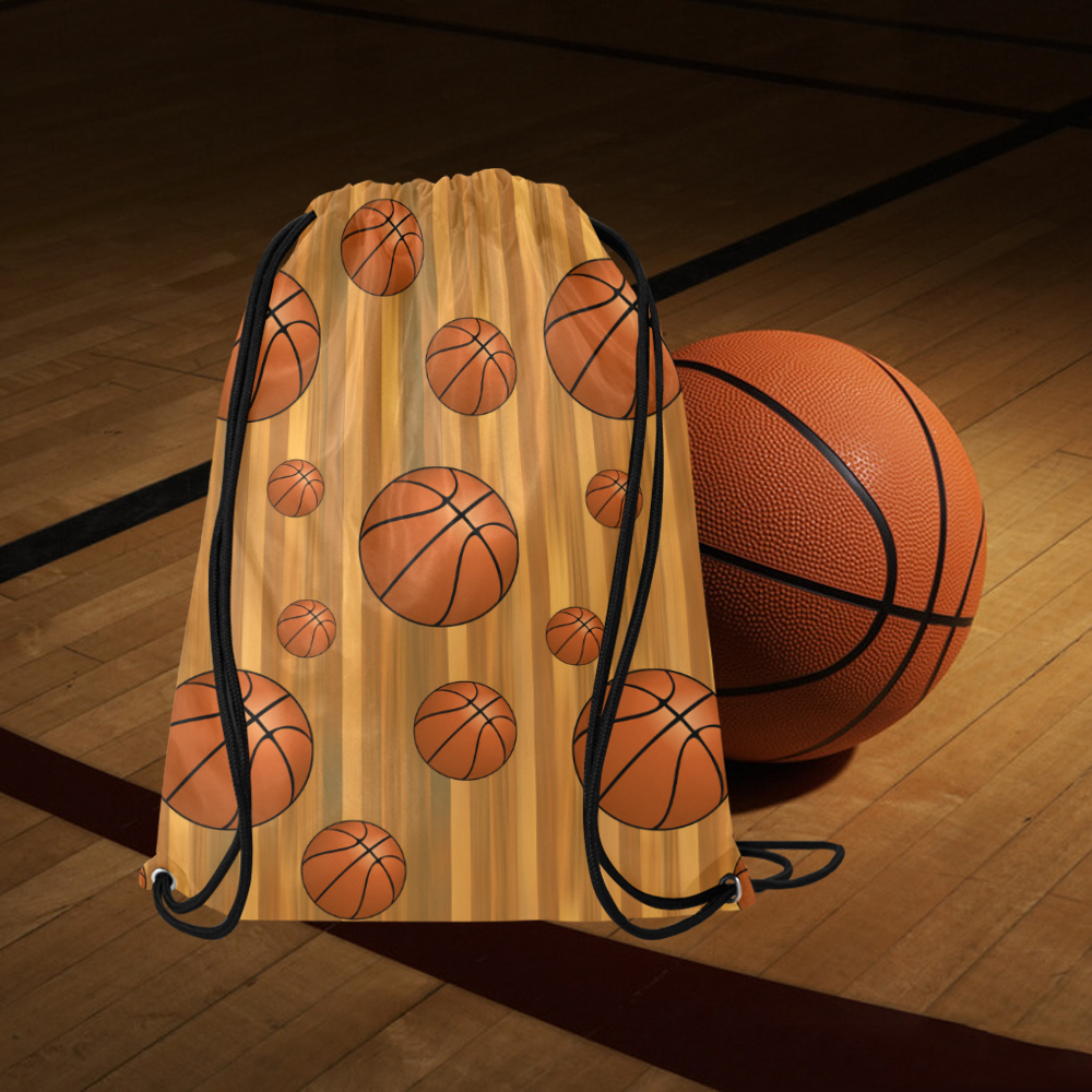 Basketballs with Wood Background Medium Drawstring Bag Model 1604 (Twin Sides) 13.8"(W) * 18.1"(H)