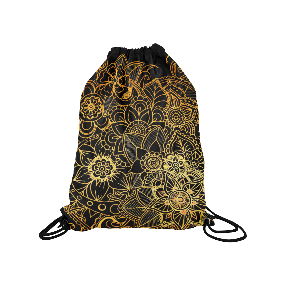 Floral Doodle Gold G523 Medium Drawstring Bag Model 1604 (Twin Sides) 13.8"(W) * 18.1"(H)