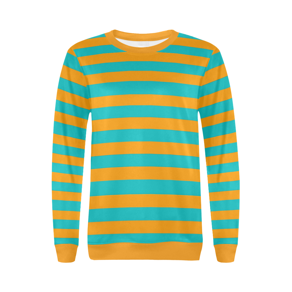Orange Aqua Stripes Orange All Over Print Crewneck Sweatshirt for Women (Model H18)
